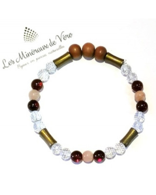 Bracelet en pierre de soleil, cristal de roche, ambre et bois de santal